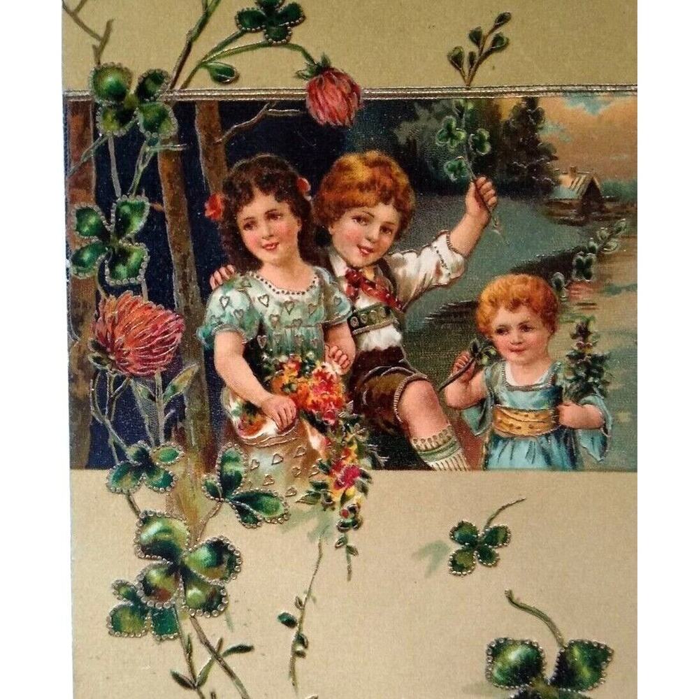 Valentine Postcard Irish Children With Shamrocks Flowers 1908 Series 6120 PFB